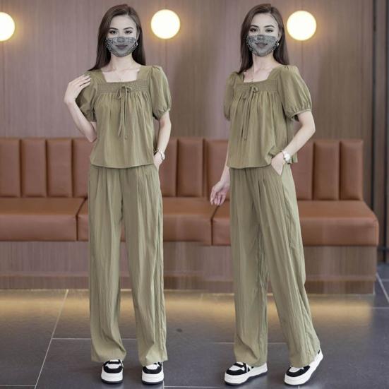 2 buc/set femei set culoare solidă fundă pătrat plisat cu mânecă scurtă top pantaloni gât top lat