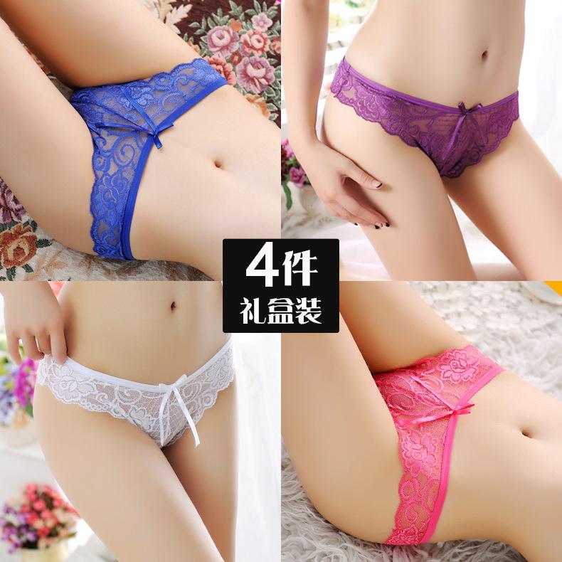 4 Gift Boxes of Sexy Underwear for Girls, Transparent Temptation Hollow Lace Bikini Hip Hot Briefs
