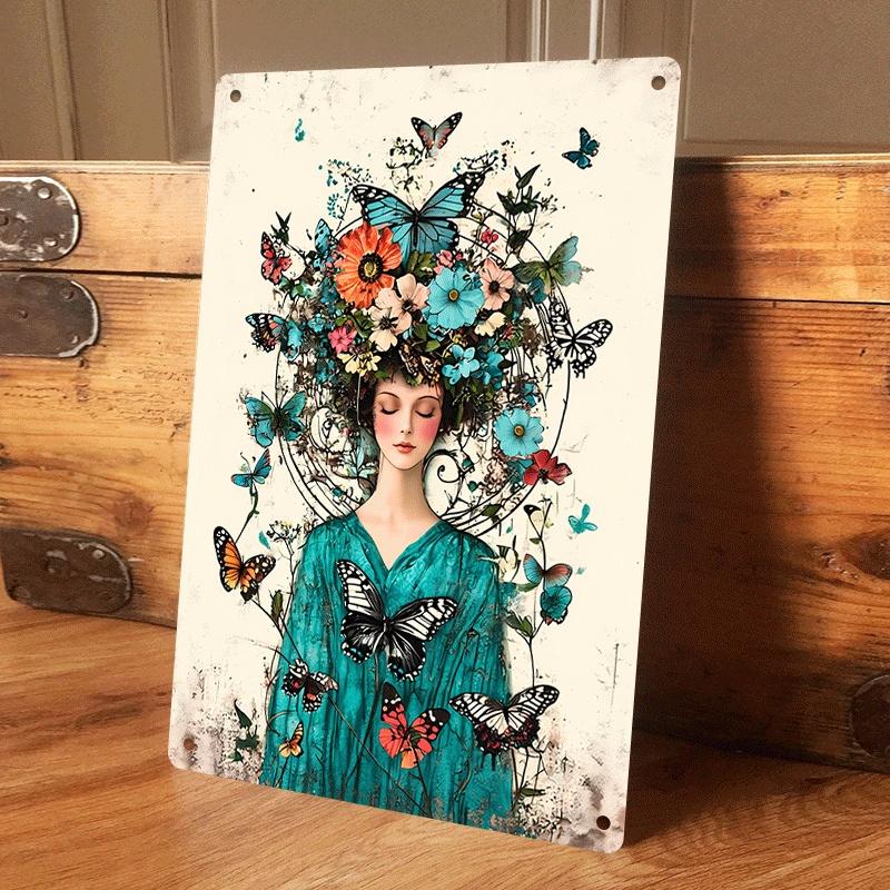 

1 piece of artistic retro floral and butterfly woman s head tin painting, suitable for living room or entryway wall decoration, (as the picture,20x30cm)