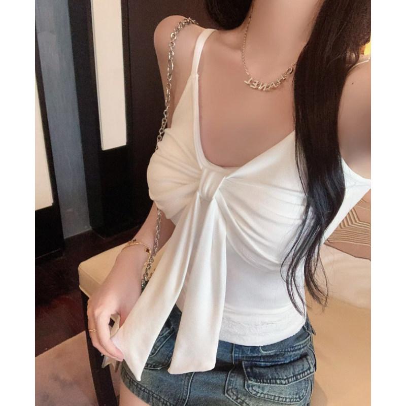 Sweet & Spicy V-Neck Pleated Camisole with Bow Tie Straps and Chest Pads - Slim-Fit Sleeveless Spring/Summer Top for Women