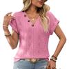 Ladies Summer Short Sleeve Button V Neck Casual Solid Color Lace Hollow Pullover Blouse Shirt Top