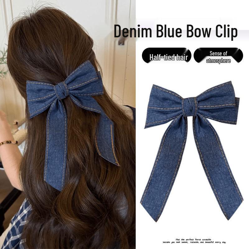 Korean Style Denim Bow Hair Clip - High-End, Large Duckbill for Back of Head, Sweet Ribbon Design