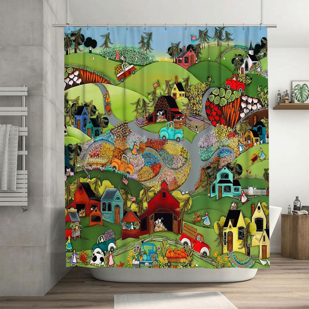 unframed Vintage Farmhouse Shower Curtain Rustic Country Floral Bathroom Decor Farm Life Scenic Wall Hanging Backdrop