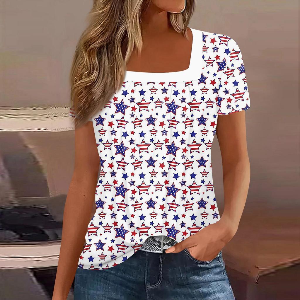 Womens Tops Casual Summer Independence Day Print T Shirts Short Sleeve Square Neck Basic Tee