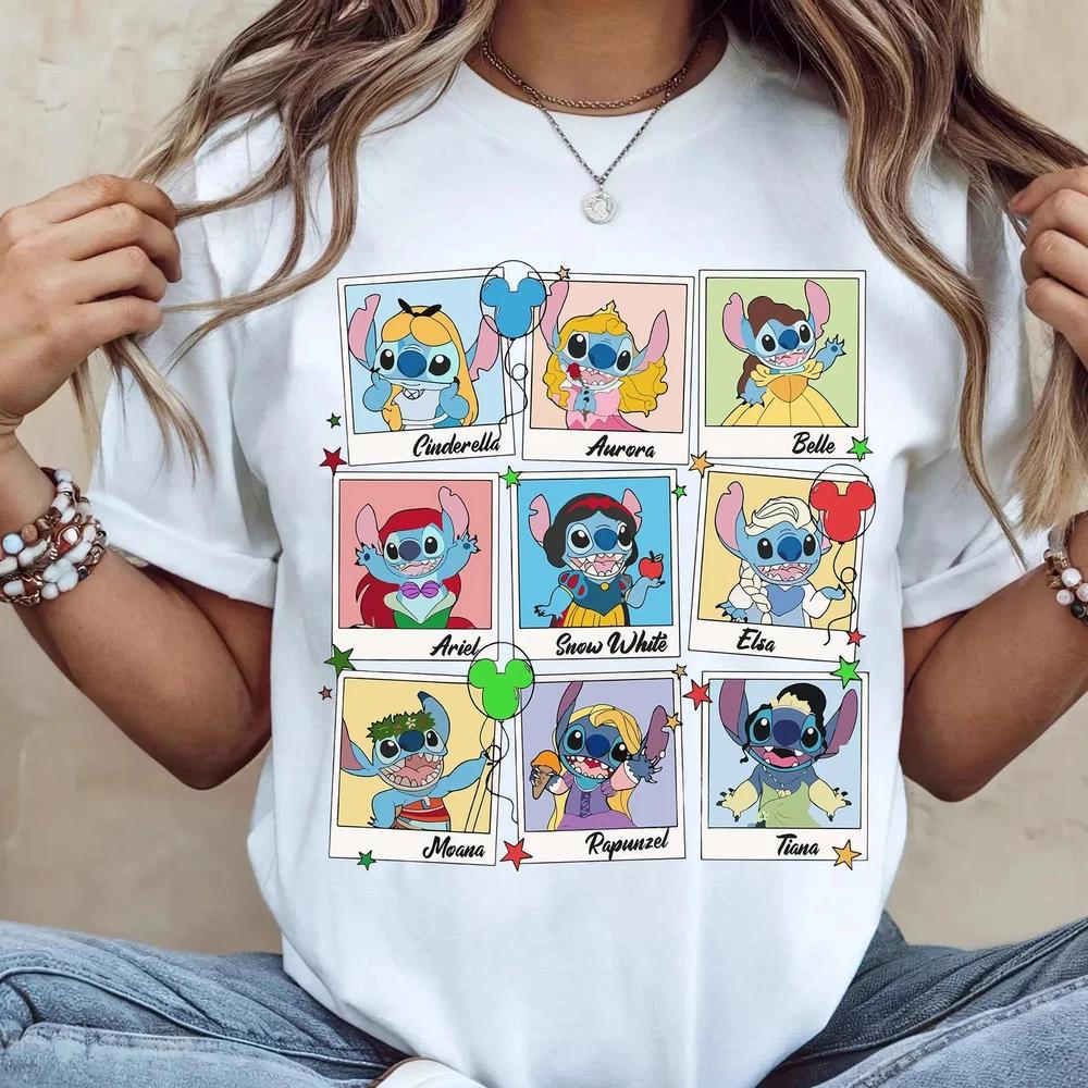 Stitch Princess Polaroid Tshirt Cute Funny Stitch Dressed As Princesses S