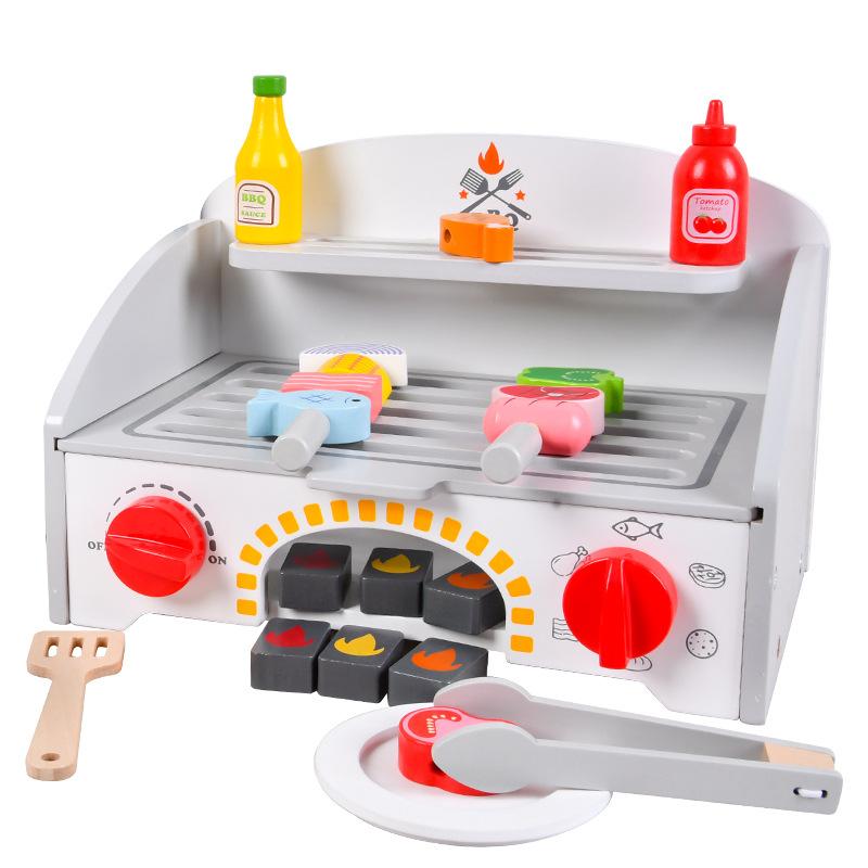 Children's Wooden Simulation Barbecue Grill BBQ Stall Playing House Food Barbecue String Music Set Parent-child Desktop Toy