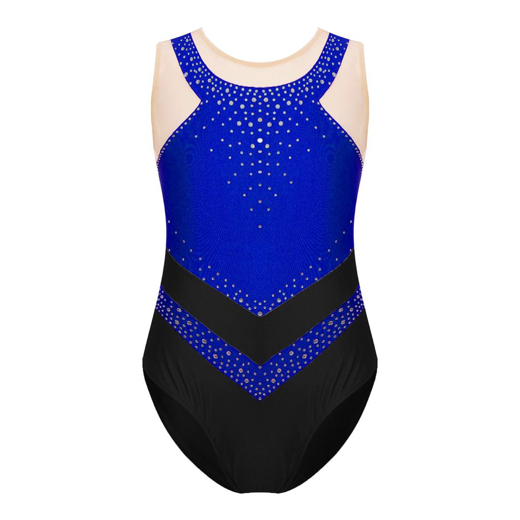 Girls Sparkly Rhinestones Leotard Gymnastics Costume Color Block Sheer Mesh Patchwork Sleeveless Bodysuit