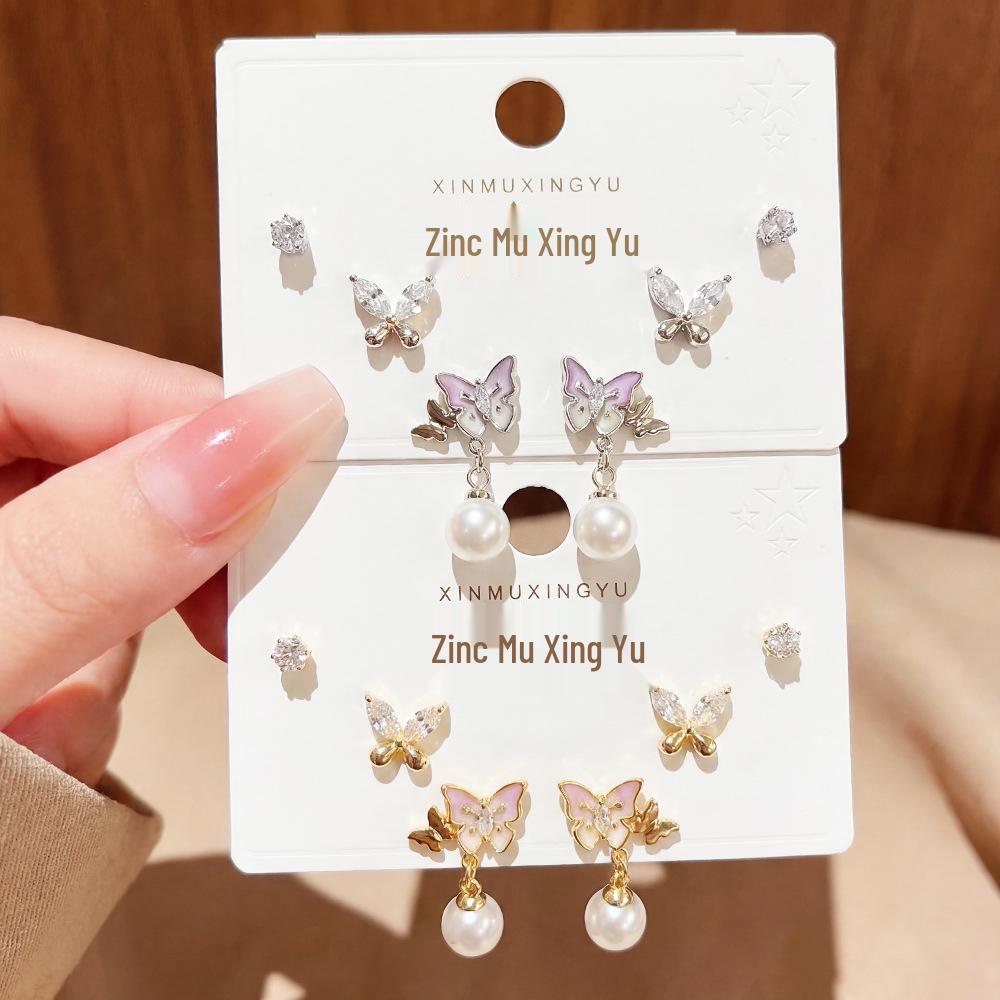 Elegant Butterfly Drop Earrings Set: 3 Pairs of High-End Silver Studs for Women.