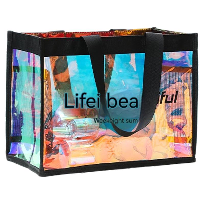 Laser Iridescent PVC Beach Tote - Transparent, Sealed Edge, Multi-Purpose Bag for Shopping, Gifts, and More