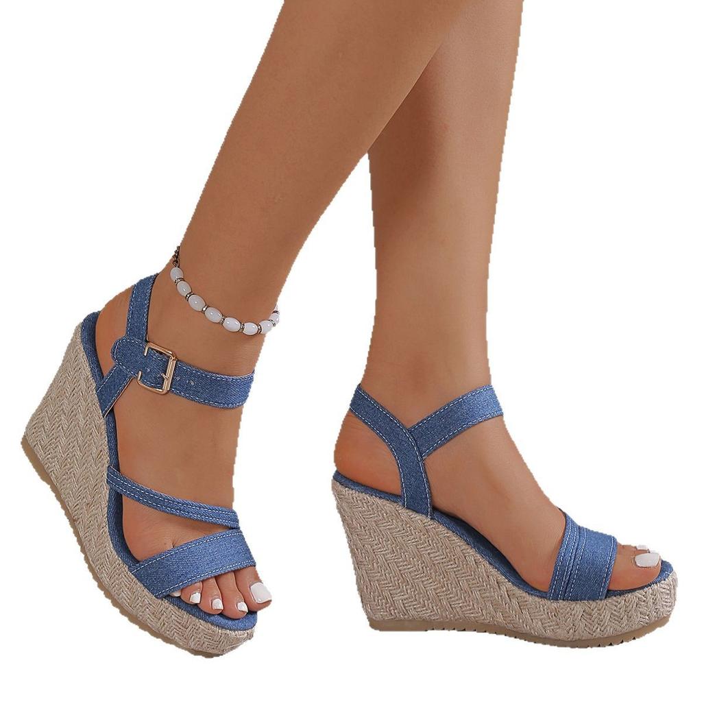 Large size one word with wedge heel sandals women's thick-soled waterproof table cloth surface high heel straw woven cool slippers women