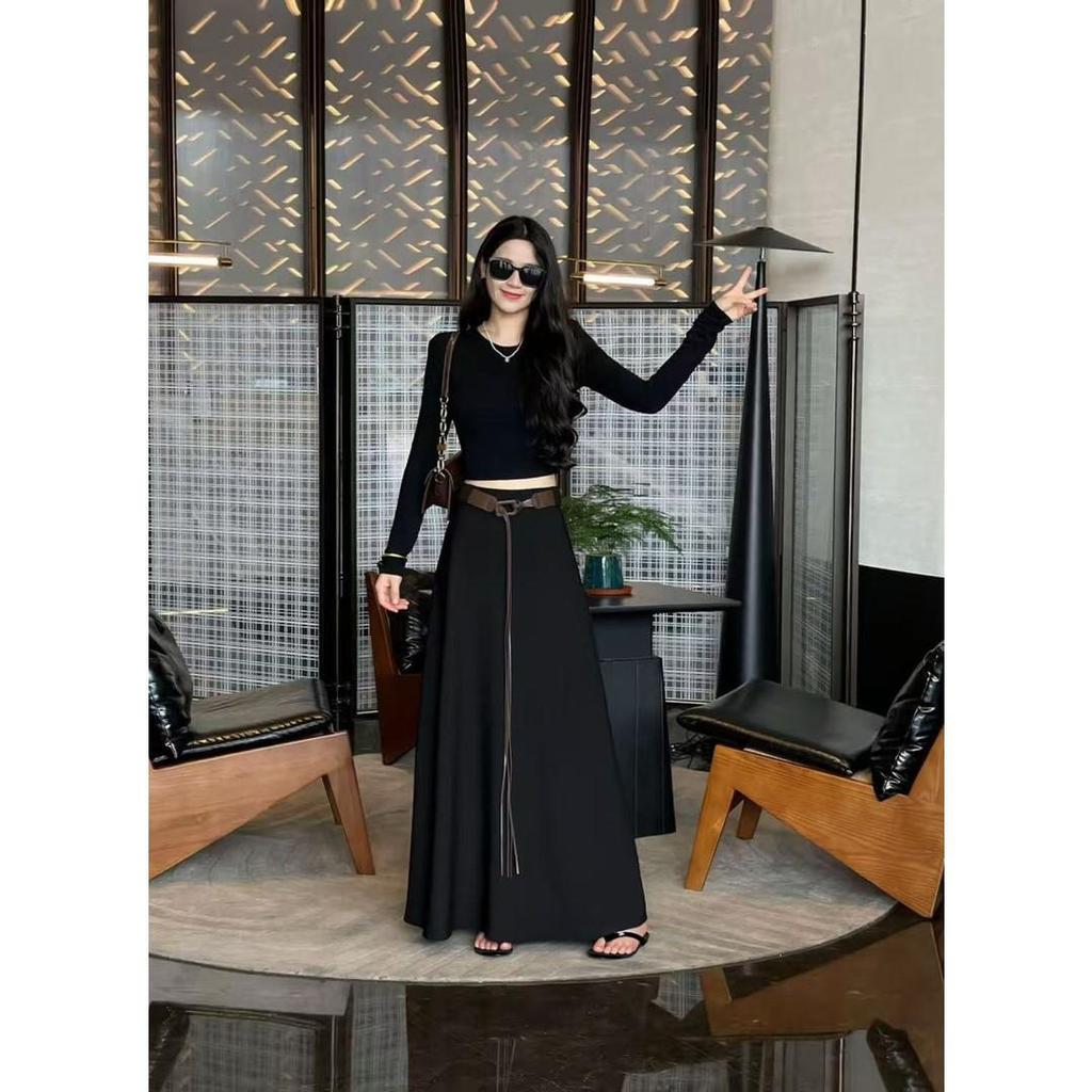 Elegant High-Waisted A-Line Maxi Skirt with Belt for Women – Autumn 2025