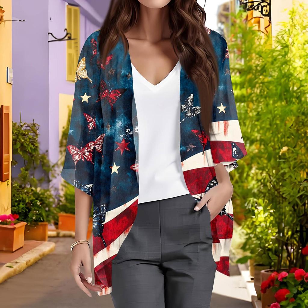 Ladies Fashion Loose Casual Print Beach Holiday   Sleeve Chiffon Cardigan
