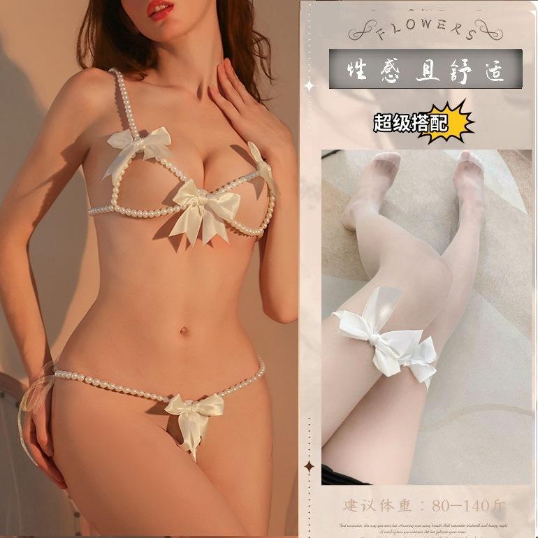 Night sex underwear sexy three-point temptation bare chest open passion bed free pearl suit underwear