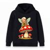 Kids Boys Girls Hooded Pullover Sweatshirt, Cute Cartoon Fairy Sitting On Amanita Mushroom Pattern Casual Hoodie, Soft Warm Loose Top for Daily Wear