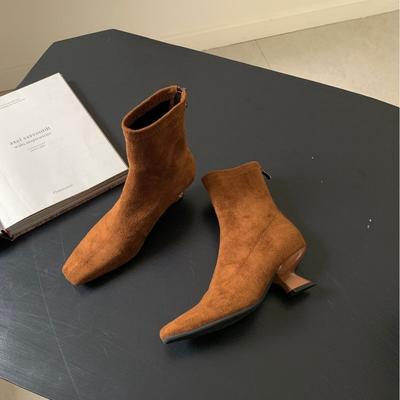 Special-shaped Heel 5cm~ Skinny Korean and Ankle Boots Suede Mid-heel Elastic Thin Short Boots Rear Zipper Square Head Short Boots Women