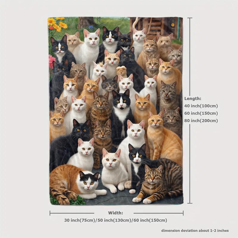 Group Cats Flannel Throw Blanket Various Breeds Cat Portrait Floral Background Sofa Blanket