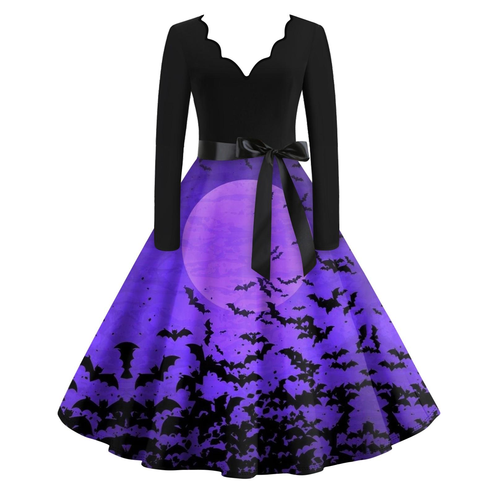 

Расклешенное платье с принтом Хэллоуина для женщин Платье с длинным рукавом Повседневные платья L