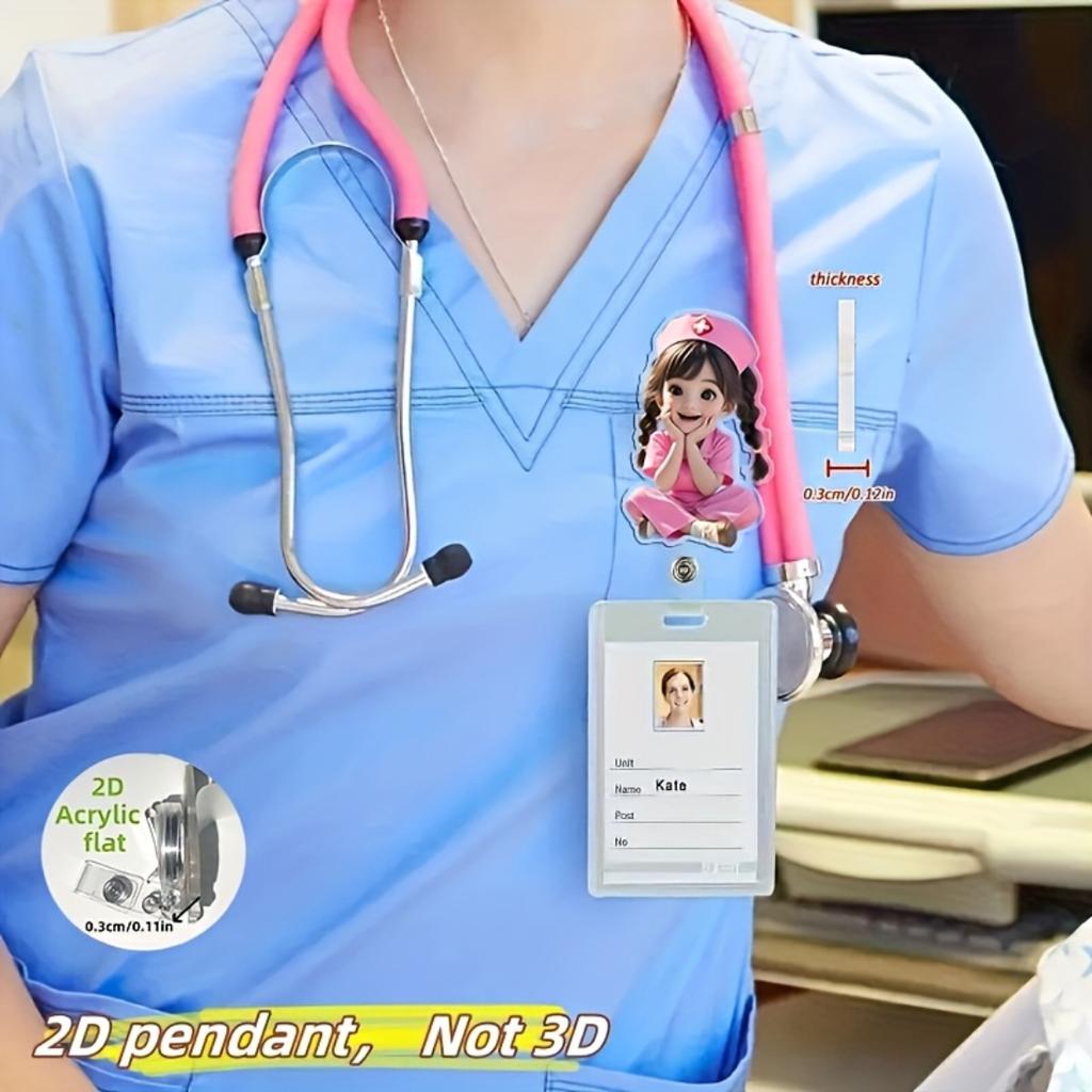 2D Flat Acrylic Pink Nurse Girl Retractable Badge Reel, Medical ID Tag Holder For Medical Students And Professional Nurse Practitioners Workplace