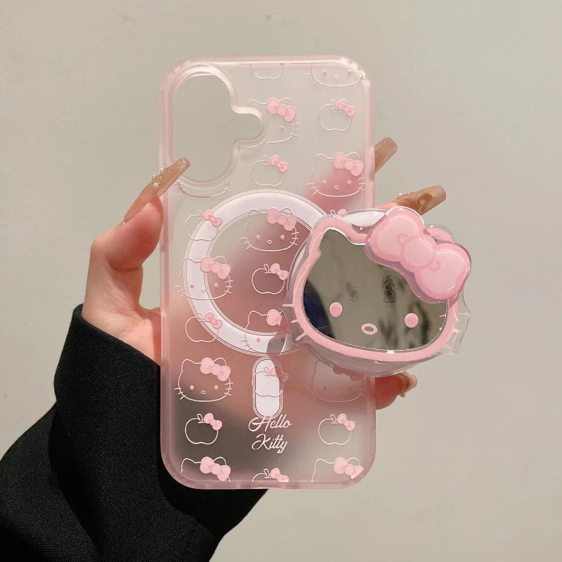 Cute Sanrio Hello Kitty Magnetic Magsafe Wireless Charge Phone Case For iPhone 17 16 15 14 13 Pro Max Mirror Grip Holder Cover