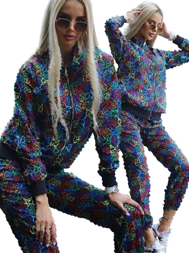 Damen Herbst/Winter Mode Geripptes Taschen-Reißverschluss-Print Zweiteiliges Set