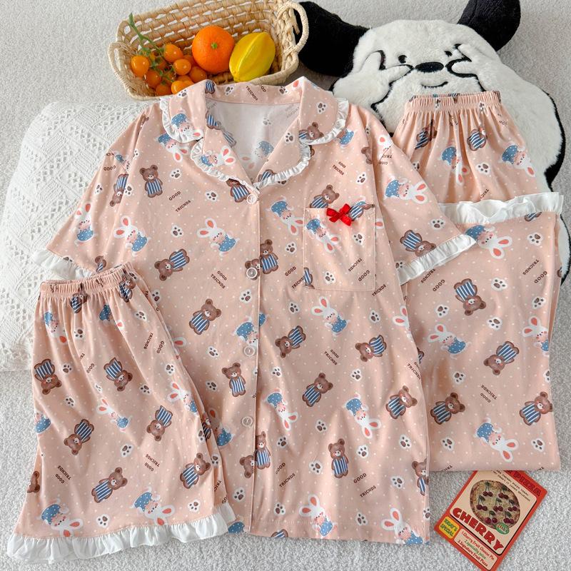Little Bear Rabbit Cartoon Casual Sweet Pajamas Ladies Summer Imitation Cotton Edge Short Sleeve Three-piece Set