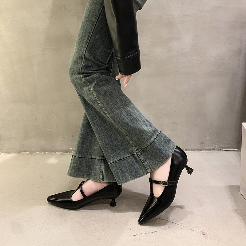 

Fashion Soft Leather High Heels Women s Pointed Toe Thin Heel Real Leather for Skirts Hollow Out Retro Single Summer 2025 35 чёрный
