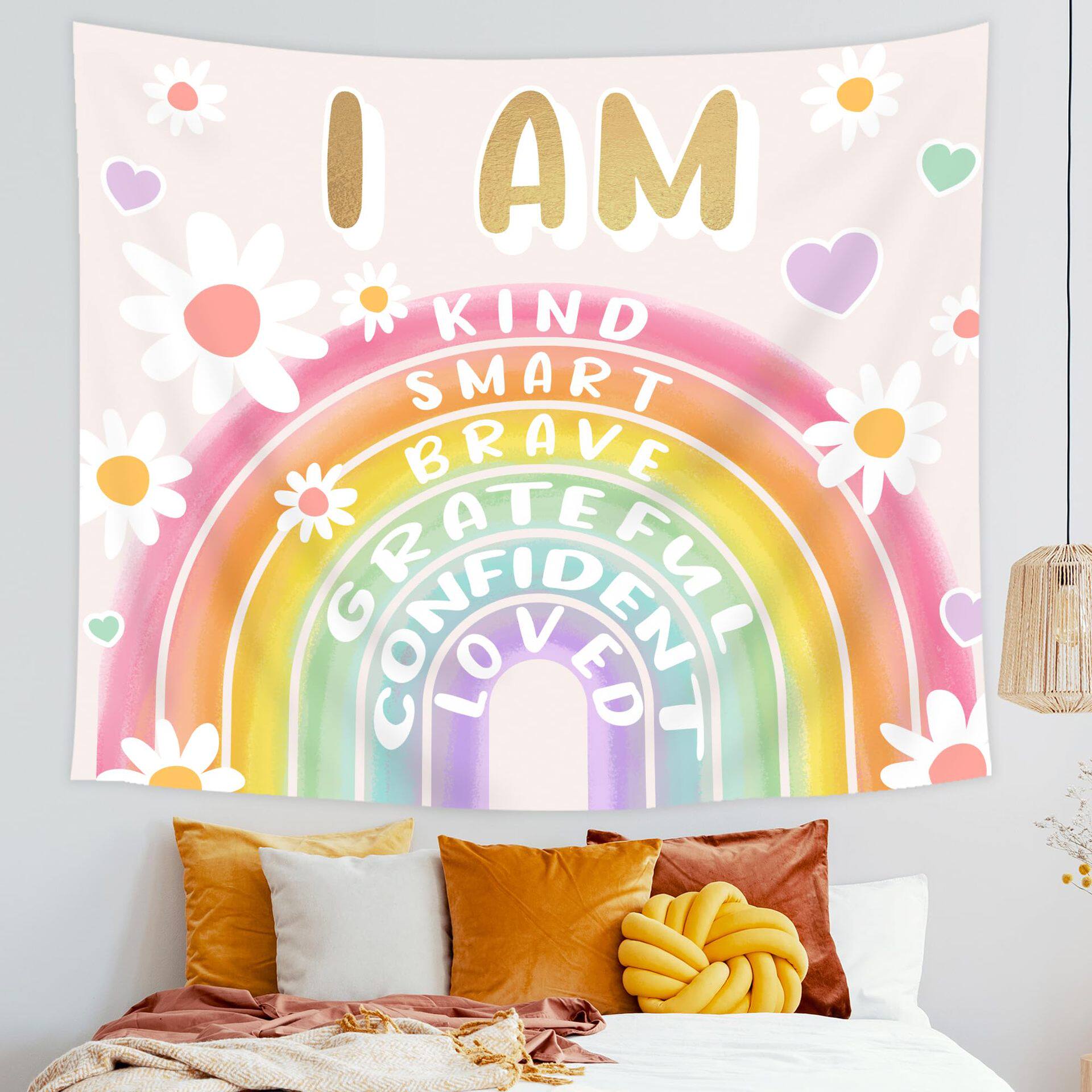 Boho Rainbow Inspirational English Quotes Tapestry Wall Hanging for Living Room Home Decor Headboard Cloth 74x94cm(29x37in)