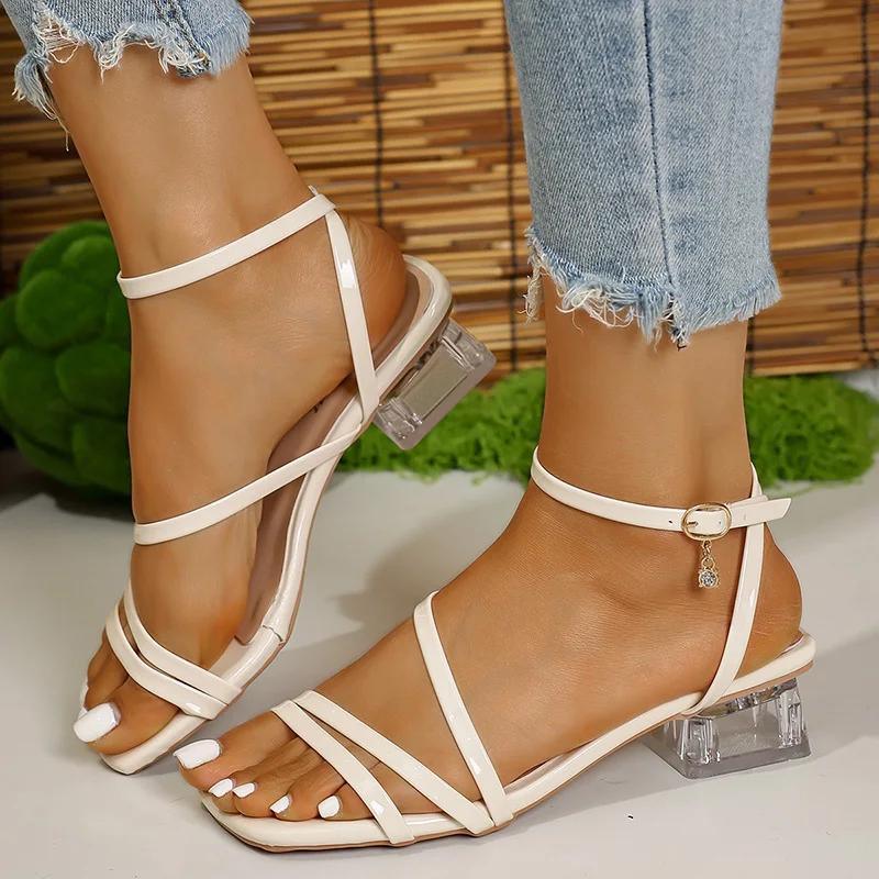 Fashion Transparent Chunky Heel Sandals for Women Summer 2025 Fashion Ankle Strap Dress Sandals Woman Comfort Square Toe Sandalias Mujer