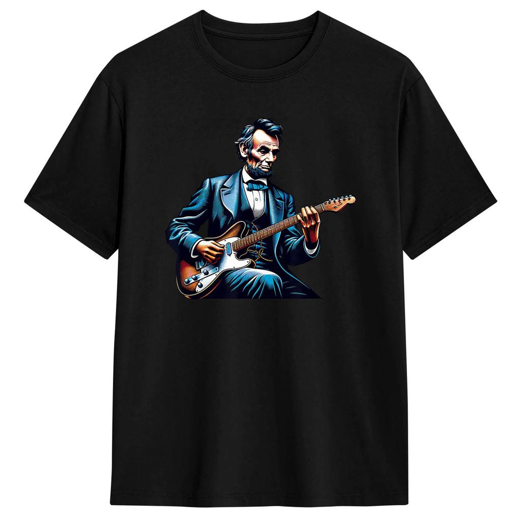 Abraham Lincoln Playing Guitar Retro Music T Shirt Summer Classic Tshirts Pure Cotton Leisure Tshirt For Unisexs Design Tees
