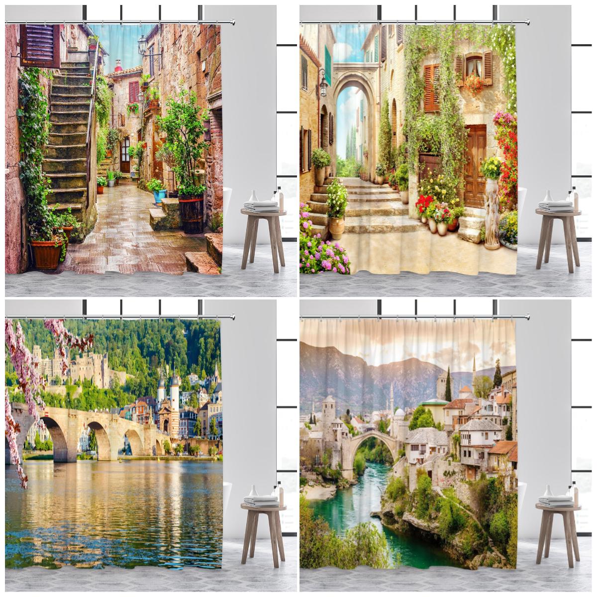 Monika Chen Italian Town Landscape Shower Curtains Vintage Architecture Flowers Plants Nature Scenery Polyester Home Bathroom Curtain Decor
