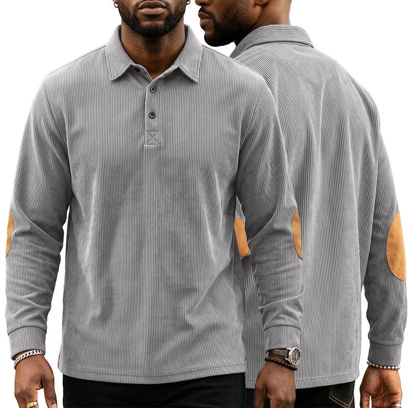 Autumn Winter Men Waffle Rib Knit Polo Shirts Contrast Suede Elbow Patches Lapel Collar Button Placket Vintage Long Sleeve Corduroy Textured Tops