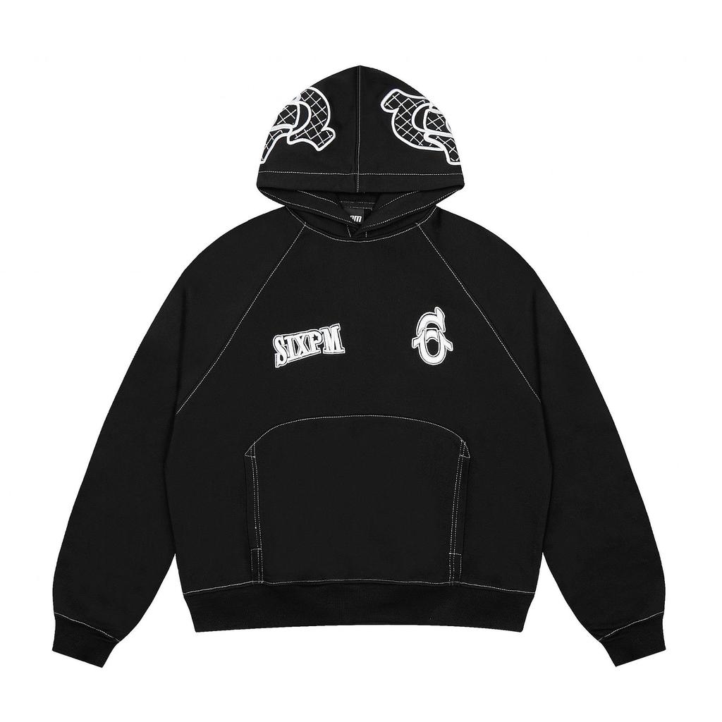 Trendige 6PM schwere Baumwoll-Reißverschlussjacke: Lockerer Schnitt, Streetwear-Stil mit aufgesetzter Stickerei.