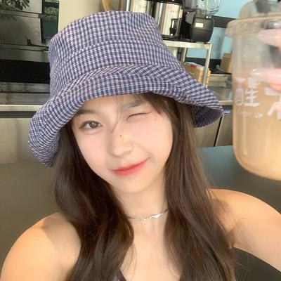 Japanese Fisherman Hat for Women In Summer New Style Small Fresh Plaid Curly Sun Protection Hat Wide Brim Small Basin Hat