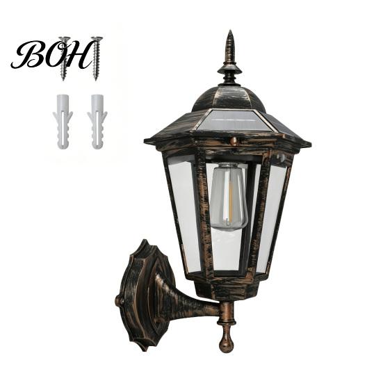 Energy Saving Solar Lantern Vintage Wall Light, Motion Sensor Outdoor Sconce with Glass Courtyard Lighting Shade, Waterproof Garden for Patio