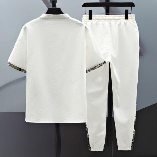 2Pcs/Set Men Summer Outfit Stand Collar Short Sleeve T-shirt Elastic Waist Drawstring Ice Silk Pants Set Tiger Print Casual Suit