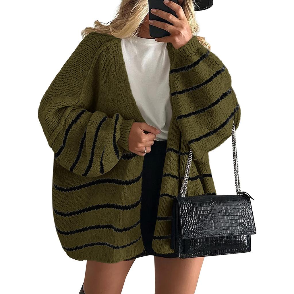 Women's Fashion Stripe Coats Long Sleeved Knitted Casual Cardigan Sweater Jacket