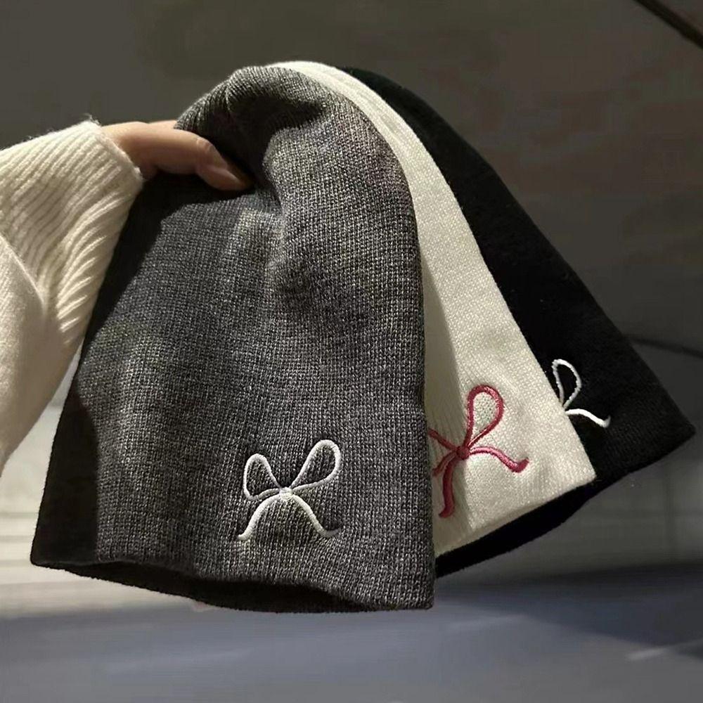 Warm Embroidery Bow Knitted Hat Bowknot Beanies Casual Knit Cap  Apparel Accessories