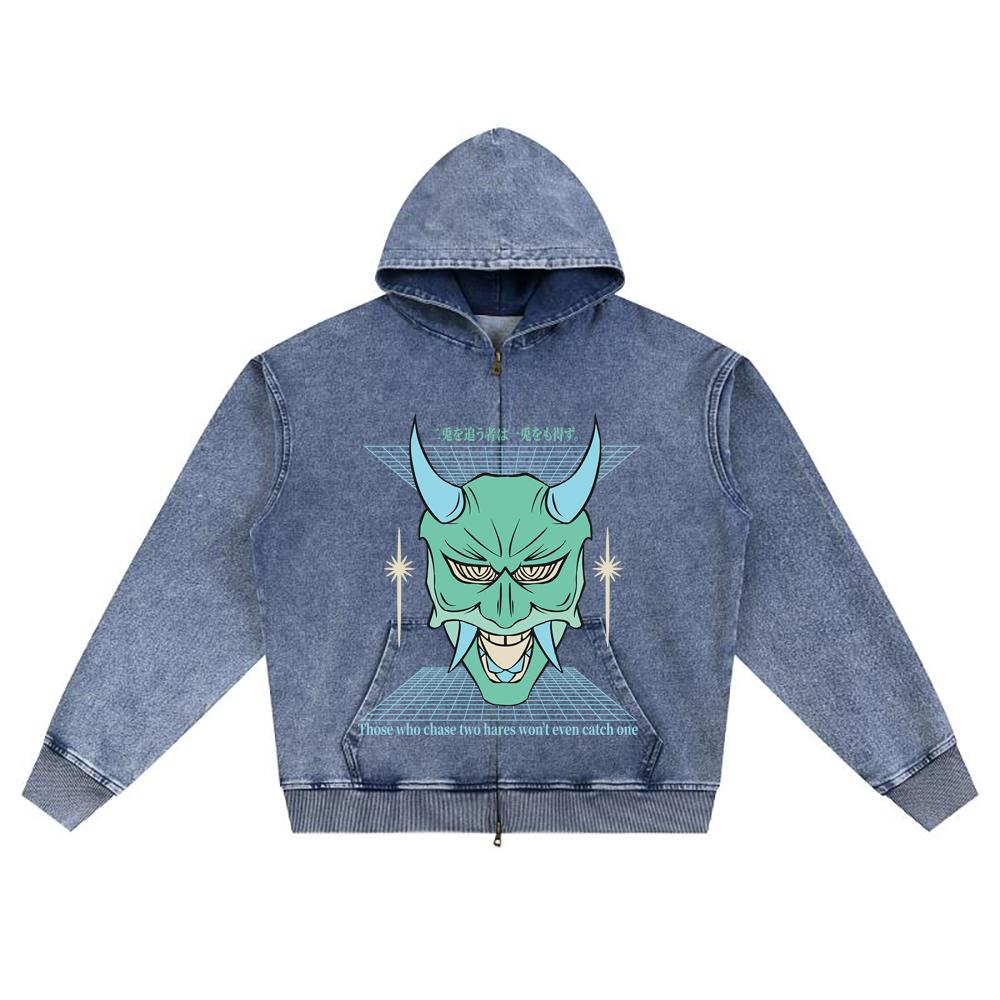 DTG Print Knitted Denim Zip-Up Hoodie Anime Streetwear 33 Brother Print Zipper Hoodies