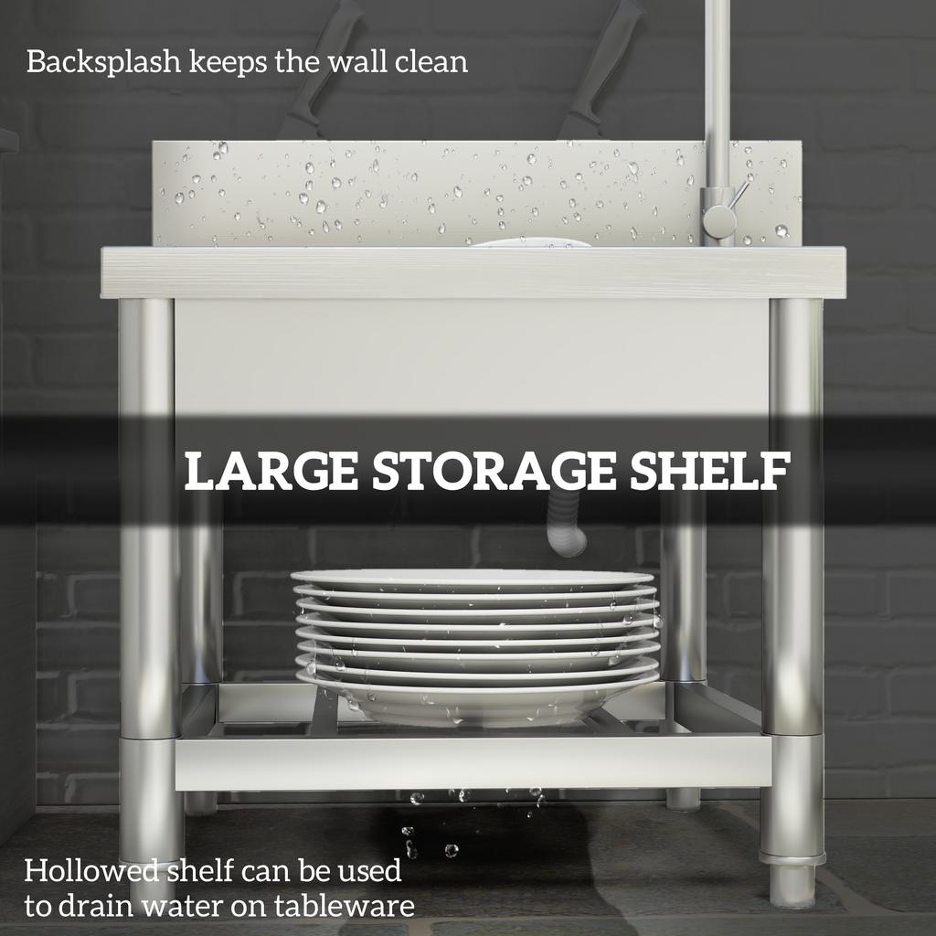 Outdoor Utility Sink, Stainless Steel Free Standing Single Bowl Kitchen Sink with Cold and Hot Water Pipe and Storage Shelf for Laundry Garage