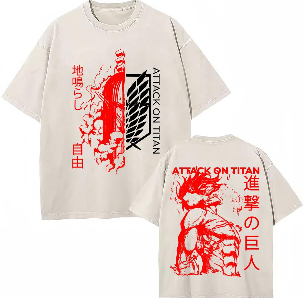 Washed Vintage Anime Attack On Titan Eren Jaeger Skeleton Graphic T Shirt Men Women Cartoon Manga Oversized Tshirts Streetwear