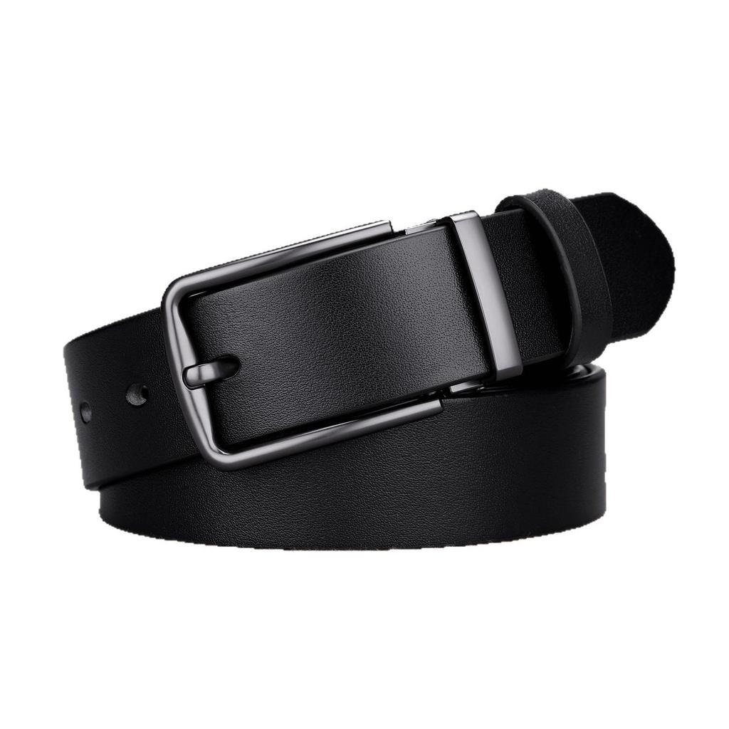 Men's Black Genuine Leather Belt with Pin Buckle, Adjustable, Korean Style.