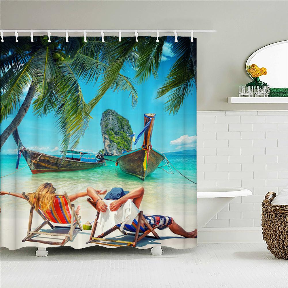 High Quality Sunny Sea Beach Scenery Fabric Shower Curtain Waterproof Printing Bath Curtains For Bathroom Decorate With Hooks