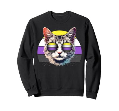 Nonbinary Pride Cool Cat Sunglasses Retro Pride Art Sweatshirt