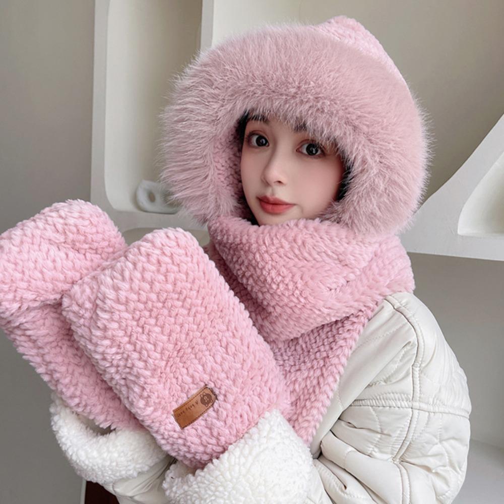 Thickened Plush Women Beanies Cap Cute Bear Ear Integrated Cap Scarf  Autumn Winter