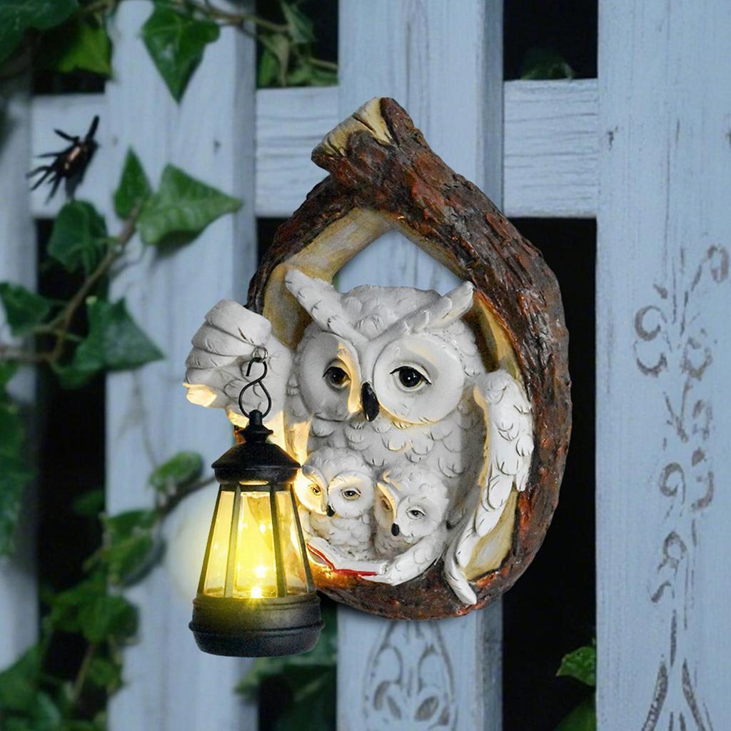 Outdoor Owl Solar Lights Resin Owl Decorative Figurine Ornament Wall Mounted Waterproof Yard LED Lights Garden Courtyard Decor