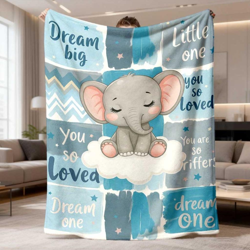 2026 New Flannel Blanket 1pc Stylish Elephant Cloud Design Soft & Comfortable, Light Blue with Motivational Quotes, Ideal for Sofa, Bed, Office Naps &