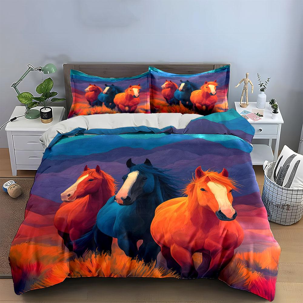 Colorful Horse Art Decoration Trio Bedding Set with 1 Duvet Cover 2 Pillowcases Single Double King Queen, Gift