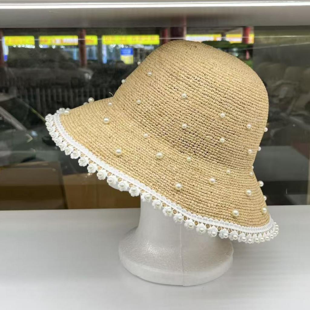 2026 Lafite Grass Day Single Fashion Pearl Straw Hat Women's Summer Sun Hat Beach Temperament Vacation Straw Small Basin Hat