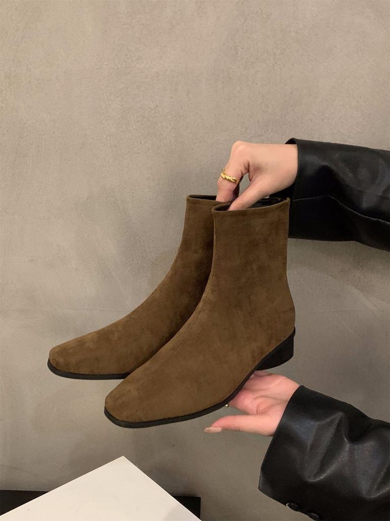 Thick Heel Square Head Korean Small Ankle Boots Women's Shoes 2025 New Spring, Autumn and Winter Velvet Thin Short Boots Martin Boots