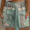 Women Summer Shorts Hollow Out Belted Adjustable Mid Waist Zipper Closure Side Pockets Print Straight Slim Fit Casual Daily Mini Shorts